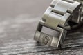 Rolex Submariner. Close-up of a iconic, swiss-made men`s divers watch, showing the clasp. Royalty Free Stock Photo