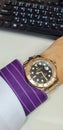 Rolex Yacht-Master with rose gold bezel and two tone rolesor strap on wrist