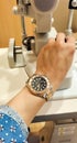 Rolex Yacht-Master with rose gold bezel and two tone rolesor strap on wrist