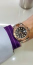 Rolex Yacht-Master with rose gold bezel and two tone rolesor strap on wrist