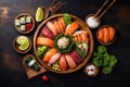 roll asian fresh healthy food rice sushi fish seafood japanese. Generative AI. Royalty Free Stock Photo