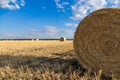 Roll bale of straw on golden wheat field