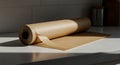 Roll of Brown Baking Paper on a White Countertop with Harsh Sunlight and Shadows Royalty Free Stock Photo