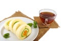 Roll cake thai dessert and tea cup Royalty Free Stock Photo