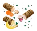 Roll cakes Vector with fruits. Sweets, dessert, Banan, berry, orange frosting