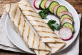 Roll with cheese and herbs. Grilled pita bread with filling. Cucumber radish salad. The concept of a healthy Breakfast Royalty Free Stock Photo