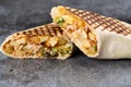 Roll of chicken, cucumbers and fries. grilled shawarma