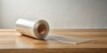 A roll of clear plastic sheeting rests on a light wood surface, showcasing its translucent nature and potential applications for Royalty Free Stock Photo