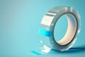 Roll of clear transparent sticky tape on light blue table background AI Generated