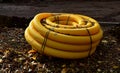 Roll, club, large yellow perforated hose, which is used in construction as a drainage water. landscape architects enjoy it on dehu Royalty Free Stock Photo