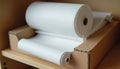 Roll of continuous printer paper is in cardboard box. Paper is perforated for easy tearing. It is used in old dot matrix printers Royalty Free Stock Photo