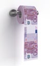 Roll of euros bills on a toilet paper