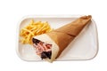Roll with ham and french fries. Beer snack Royalty Free Stock Photo