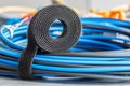 Roll of hook and loop, velcro tape with bundle of cables, electrical installations Royalty Free Stock Photo