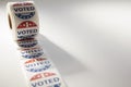 Roll of I Voted Today stickers on white background with copy space. US presidential election concept