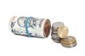 Roll of Indian Currency Rupees Notes and Coins Royalty Free Stock Photo