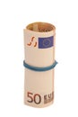 Roll of one Fifty euro banknotes with a rubber band Royalty Free Stock Photo