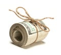 One Hundred Dollar Bills Roll Tied in Burlap String on White Royalty Free Stock Photo