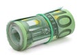 Roll of one hundred euro banknotes. Royalty Free Stock Photo