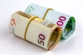 Roll of one hundred euro and Fifty banknotes Royalty Free Stock Photo