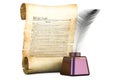 Roll of papyrus with Constitution of the United States and feather, 3D rendering Royalty Free Stock Photo