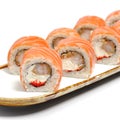 ROLL PHILADELPHIA EBI Rice, Nori, Cheese, Masago Roe, Shrimp, Salmon Royalty Free Stock Photo