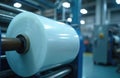 Roll of polyethylene plastic film inside a factory. Industrial machine produces packaging material. Concept of modern tech and Royalty Free Stock Photo