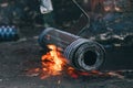 Roll roofing Installation with propane blowtorch during construction works Royalty Free Stock Photo