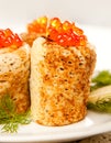 Roll from russian pancake with salmon caviar Royalty Free Stock Photo