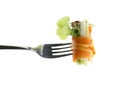 Roll salad on fork isolated on white. Royalty Free Stock Photo