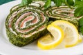 Roll salted salmon, cream cheese and spinach Royalty Free Stock Photo