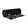 A roll of sewing fabric, scissors, a thimble and a thread coil. Sewing and equipment single icon in black style vector