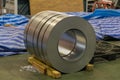 Roll of steel sheet in a plant. Rolls of sheet steel of Factory. Coils of steel stripes in store Royalty Free Stock Photo