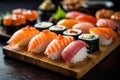 roll sushi japanese fish japan food meal seafood rice set. Generative AI.