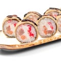 ROLL TEMPURA SAKE MAGURO rice, nori, cheese, salmon, tuna on white background. Japanese cuisine. Photo for menu Royalty Free Stock Photo