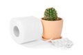 Roll of toilet paper, cactus and suppositories on background. Hemorrhoid problems Royalty Free Stock Photo