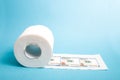 a roll of toilet paper and a few notes worth 100 dollars, money in a roll of toilet paper, blue background copy space Royalty Free Stock Photo