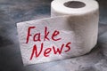 Roll of toilet paper with an inscription on the table. Fake news concept