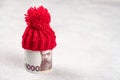 Roll of UAH banknotes hryvnyas with warm knitted cap as a symbol of increasing prices for home heating in winter