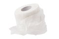 A roll of unwound and slightly crumpled toilet paper isolated on a white background