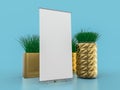 Roll up banner stand. Mockup on blue background. 3D illustration Royalty Free Stock Photo