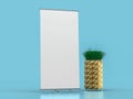 Roll up banner stand. Mockup on blue background. 3D illustration Royalty Free Stock Photo
