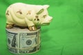 Roll of US cash piggybank green background
