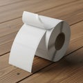 A roll of white adhesive labels is placed on a wooden surface Royalty Free Stock Photo