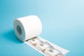 a roll of white toilet paper and a few notes worth 100 dollars, money on a toilet paper roll, blue background Royalty Free Stock Photo