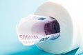 a roll of white toilet paper and several notes worth 500 euros, money in a roll of toilet paper, blue background