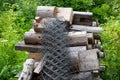 A roll of wire mesh stands near a pile of logs in the green grass Royalty Free Stock Photo