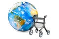 Rollator for elderly with Earth Globe, 3D rendering Royalty Free Stock Photo