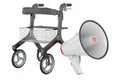 Rollator for elderly with megaphone, 3D rendering Royalty Free Stock Photo