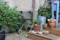 rollator of a senior lady on an old cottage entrance area Royalty Free Stock Photo